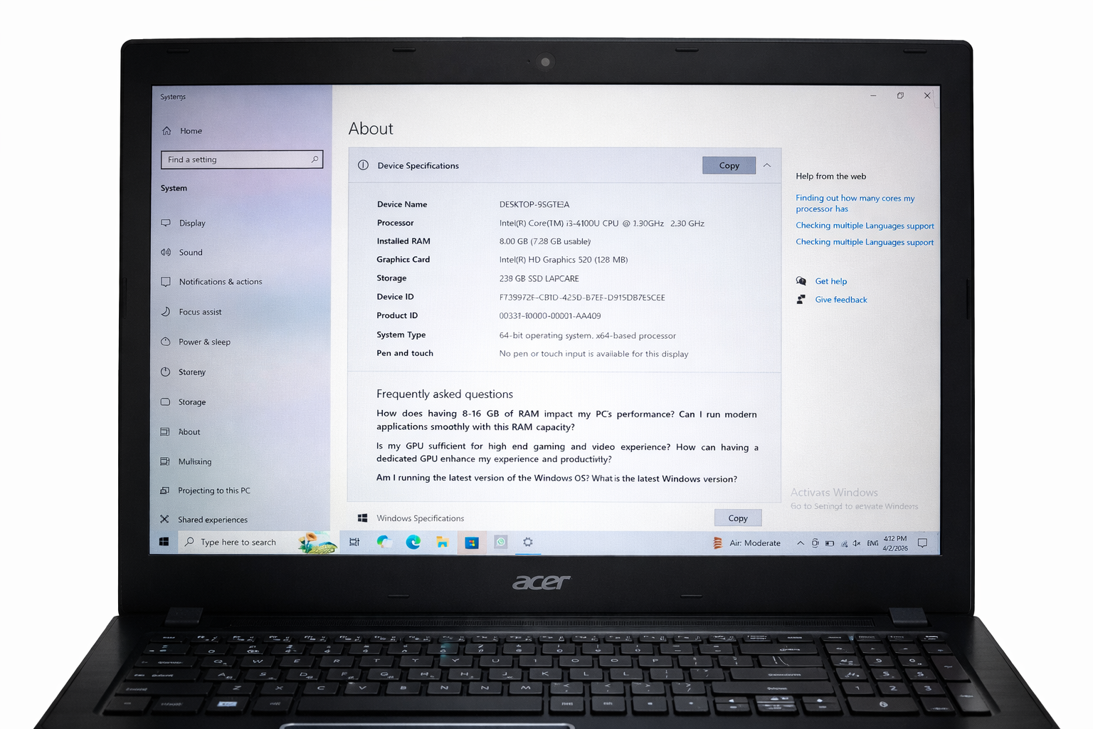 Acer i3 6th Gen Laptop 8GB RAM 256GB SSD Windows 10 Pro photo 4