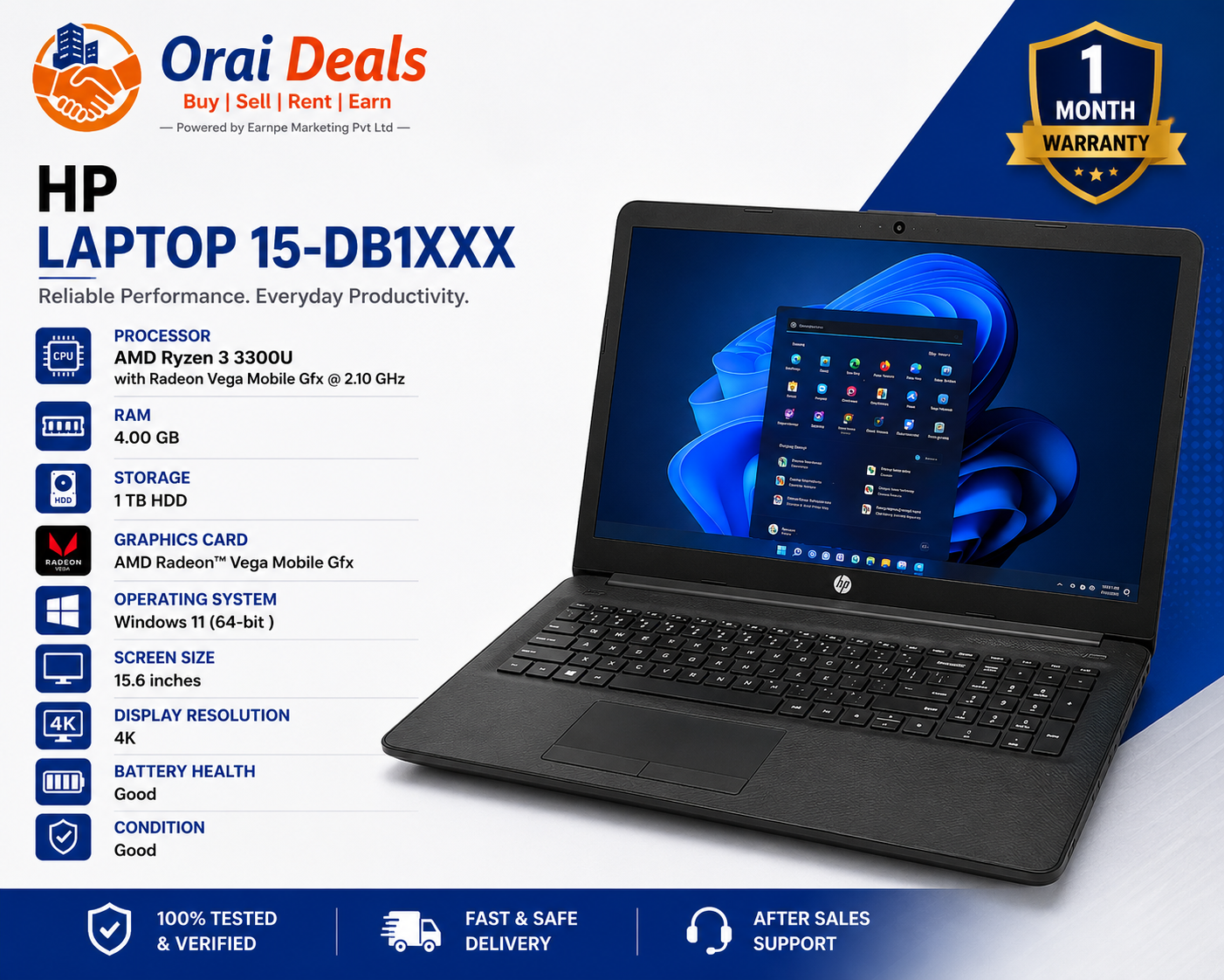 HP AMD Ryzen 3 Laptop 4GB RAM 1TB HDD Windows 11