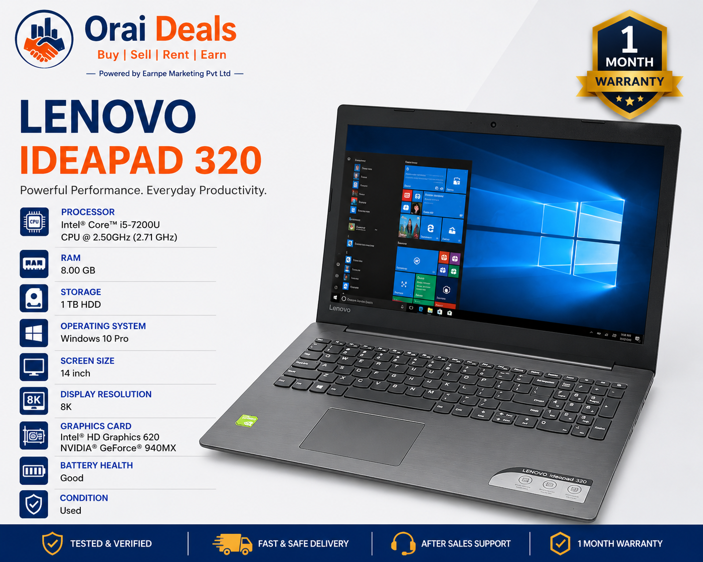 Lenovo i5 7th Gen 8GB RAM 1TB HDD 940MX Graphics