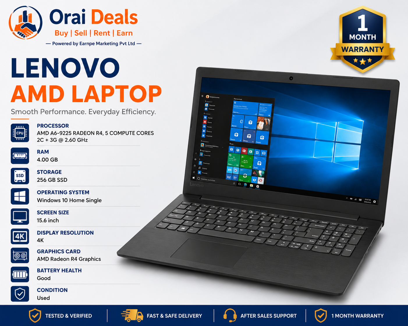 Lenovo AMD A6 Laptop 4GB RAM 256GB SSD Radeon R4 Graphics