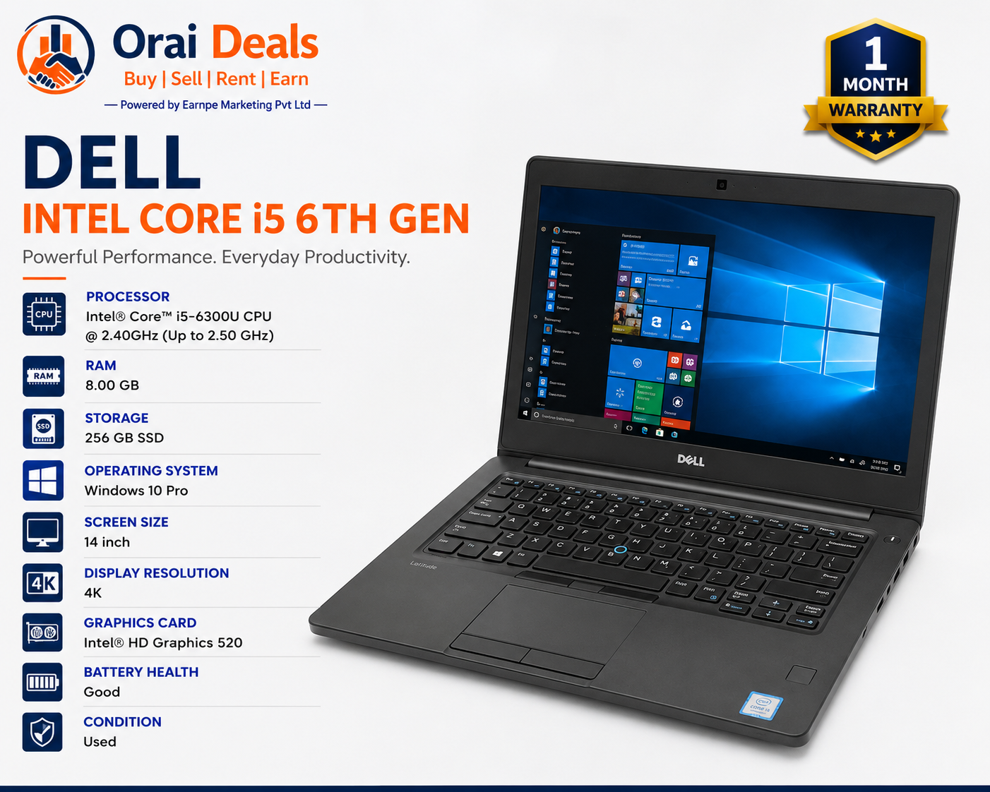 Dell Core i5 6th Gen 8GB RAM 256GB SSD Windows 10 Pro
